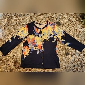 RAFAELLA. Cardigan. Navy. Flower Print. Gold Buttons. Size Large.
